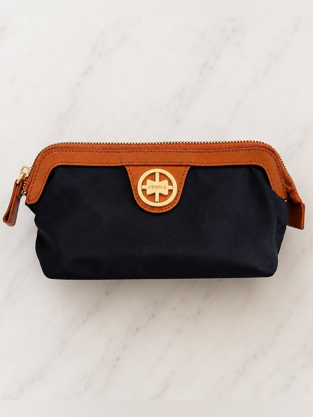 Jemma Birdie 43 Cosmetic Toiletry Bag Oxford Blue Cognac Brown Trim